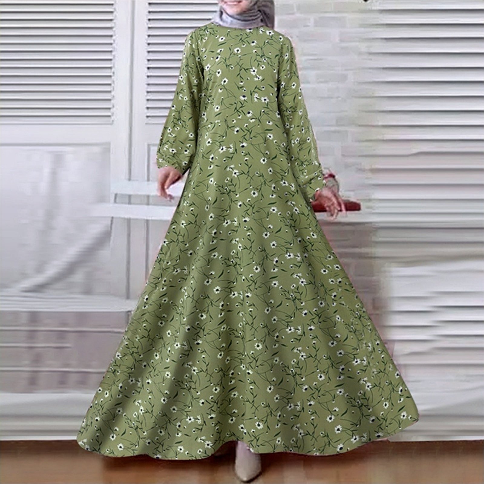 New Floral Print Muslim Dress Women Modest Big Swing Long Dress Female Ramadan Islamic Traditional Kaftan Dresses