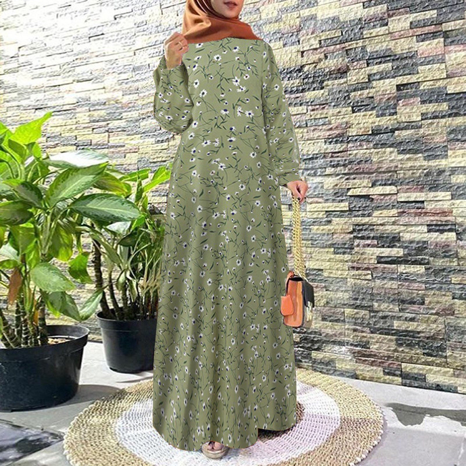 New Floral Print Muslim Dress Women Modest Big Swing Long Dress Female Ramadan Islamic Traditional Kaftan Dresses