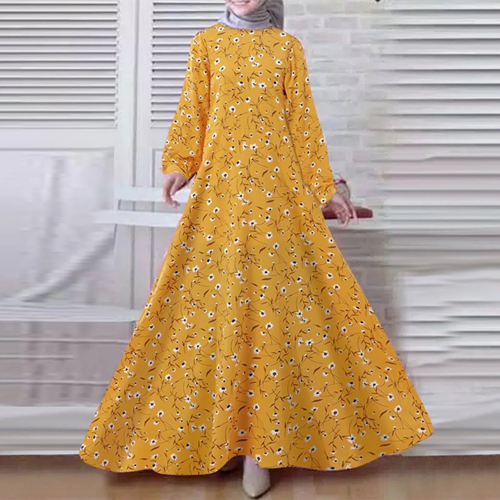 New Floral Print Muslim Dress Women Modest Big Swing Long Dress Female Ramadan Islamic Traditional Kaftan Dresses