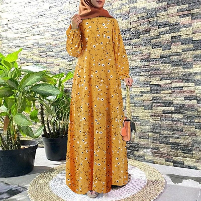 New Floral Print Muslim Dress Women Modest Big Swing Long Dress Female Ramadan Islamic Traditional Kaftan Dresses