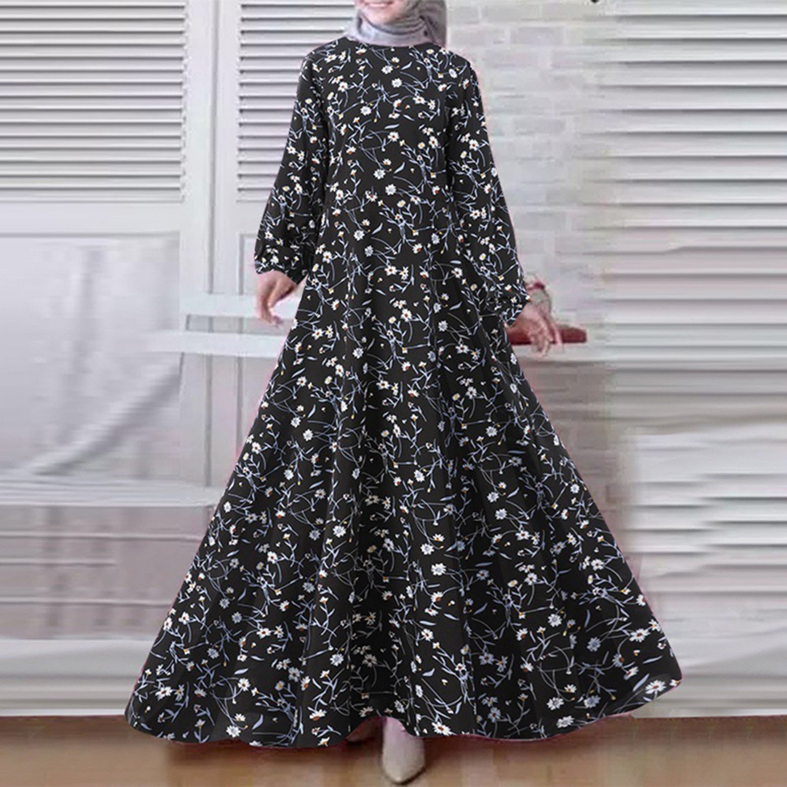 New Floral Print Muslim Dress Women Modest Big Swing Long Dress Female Ramadan Islamic Traditional Kaftan Dresses