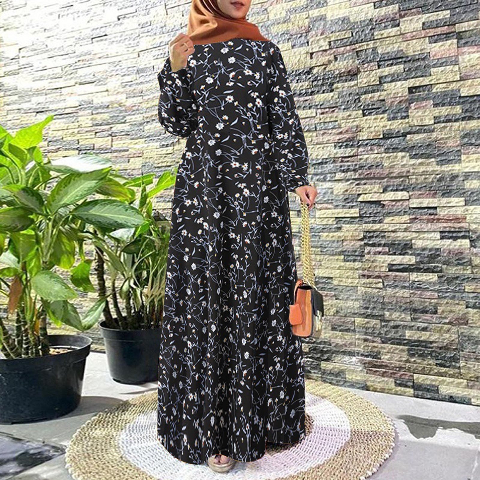 New Floral Print Muslim Dress Women Modest Big Swing Long Dress Female Ramadan Islamic Traditional Kaftan Dresses