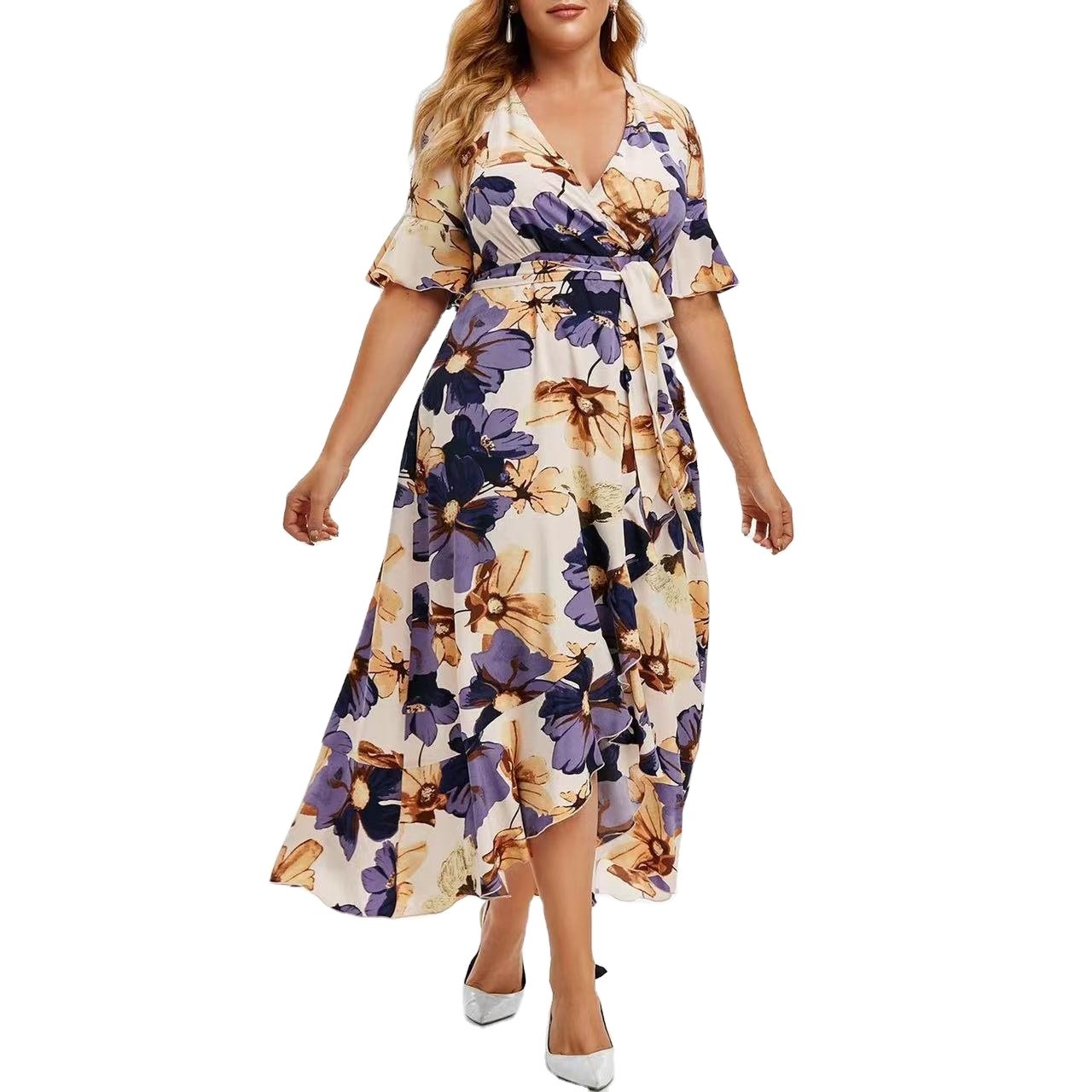 Customized high quality Plus Size Women Clothing Summer 2022 new Fashion Floral Print V Neck Half Sleeves Belt Elegant Dress