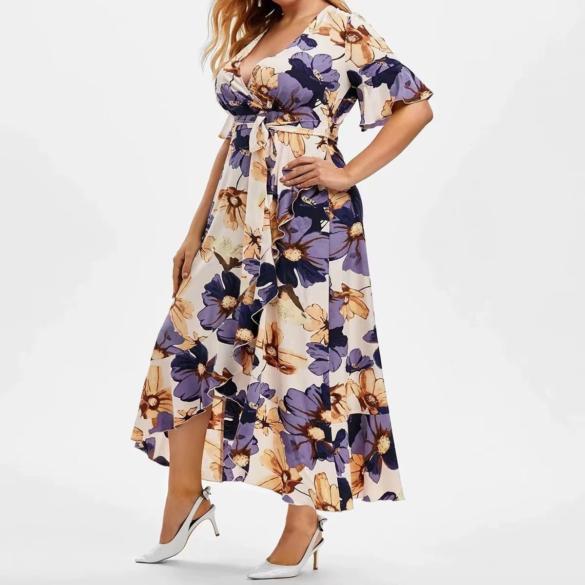 Customized high quality Plus Size Women Clothing Summer 2022 new Fashion Floral Print V Neck Half Sleeves Belt Elegant Dress