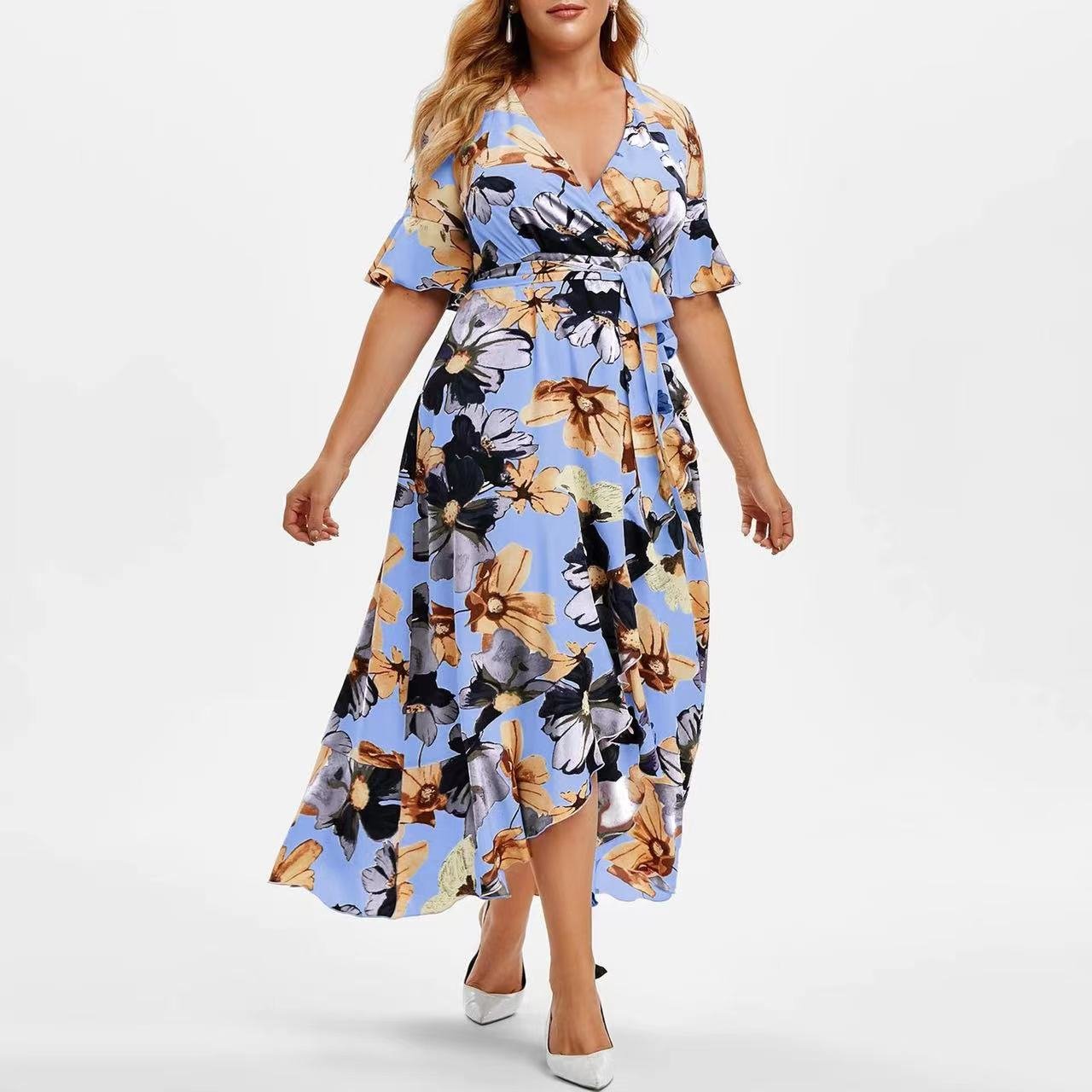 Customized high quality Plus Size Women Clothing Summer 2022 new Fashion Floral Print V Neck Half Sleeves Belt Elegant Dress
