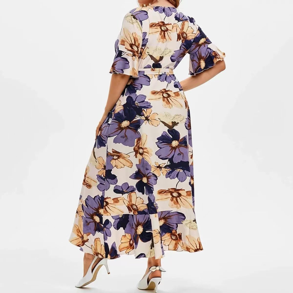 Customized high quality Plus Size Women Clothing Summer 2022 new Fashion Floral Print V Neck Half Sleeves Belt Elegant Dress