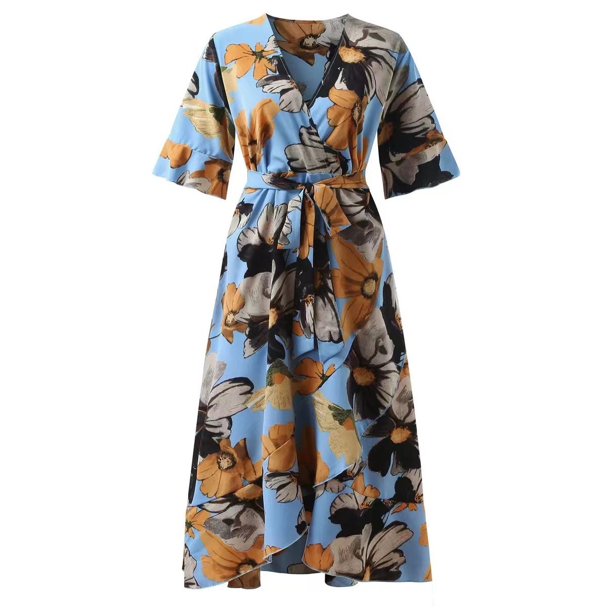Customized high quality Plus Size Women Clothing Summer 2022 new Fashion Floral Print V Neck Half Sleeves Belt Elegant Dress