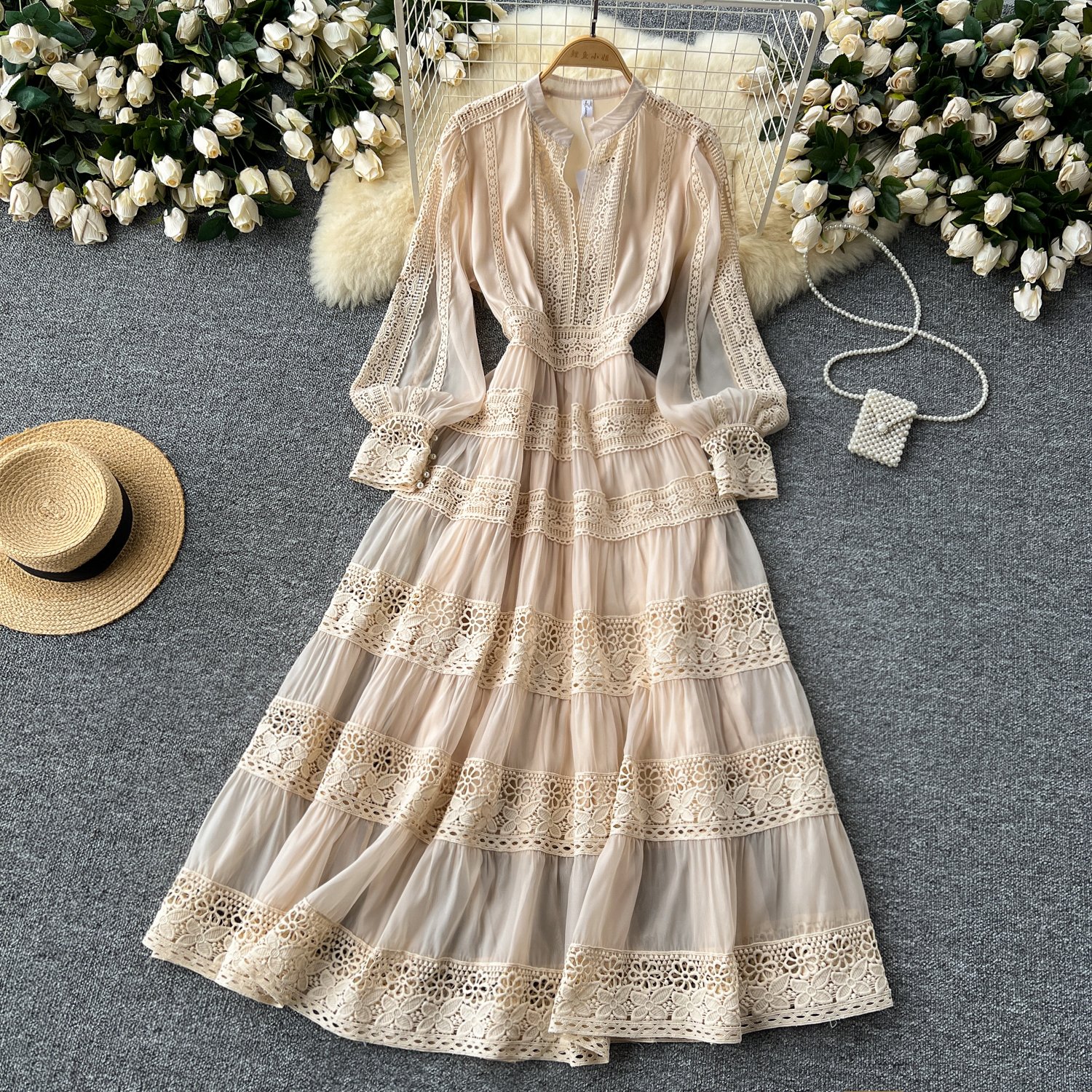 LE2412 2024 Ethnic Style V-Neck Lace Patchwork Evening Gowns Woman Elegant Long Robes Chic Embroidered Boutique Maxi Dress