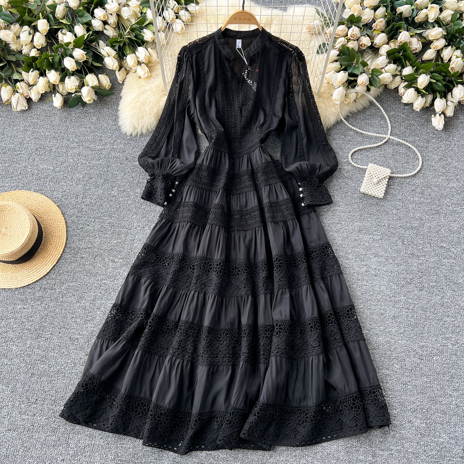 LE2412 2024 Ethnic Style V-Neck Lace Patchwork Evening Gowns Woman Elegant Long Robes Chic Embroidered Boutique Maxi Dress
