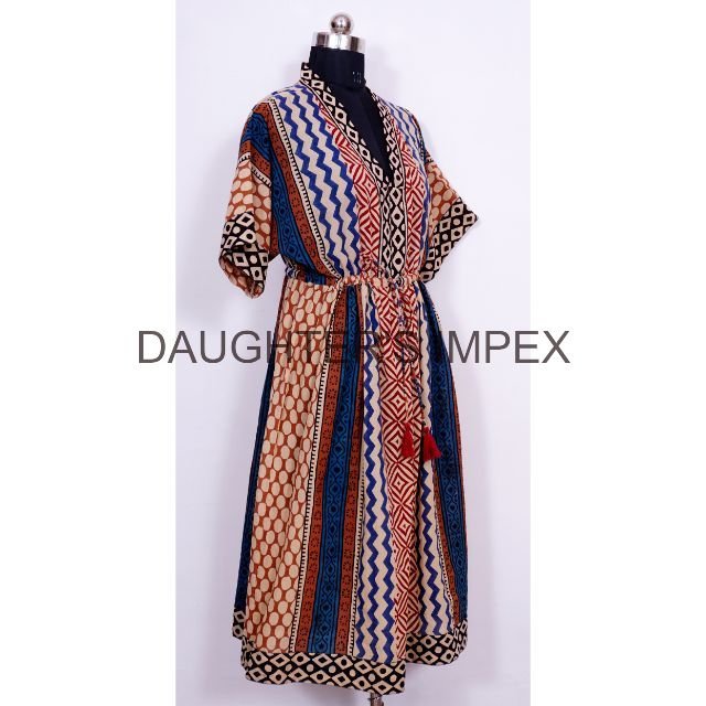 Long Midi Dress Women Front Slit Short Sleeve High Waist Floral Print Dress Gift For Women Bagru Print Dress