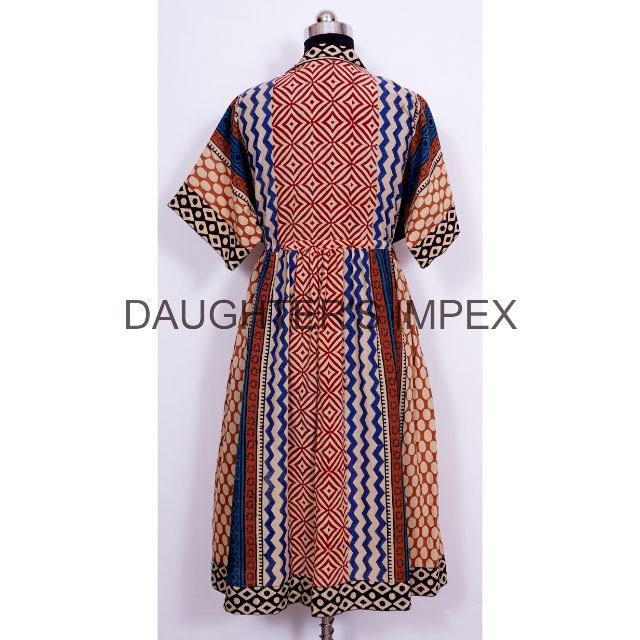 Long Midi Dress Women Front Slit Short Sleeve High Waist Floral Print Dress Gift For Women Bagru Print Dress