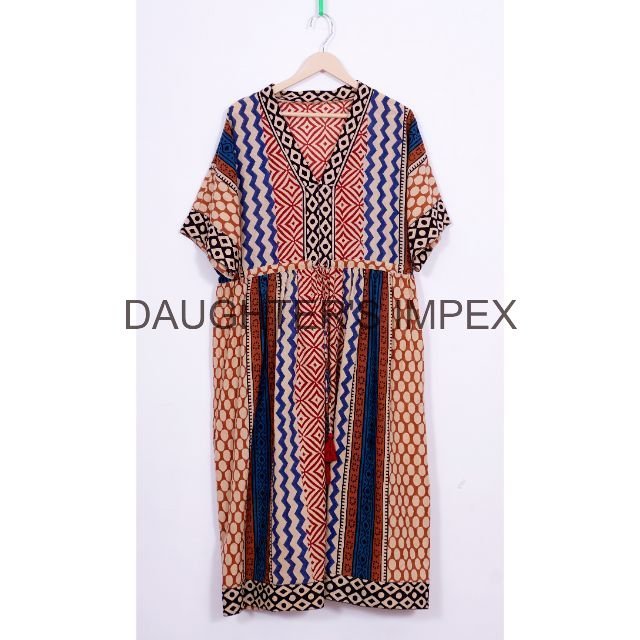 Long Midi Dress Women Front Slit Short Sleeve High Waist Floral Print Dress Gift For Women Bagru Print Dress