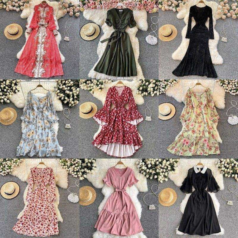 Digital Print Ladies Long Chiffon Dresses Elegant Vacation Women Dresses Floral Print Casual Dresses Stock