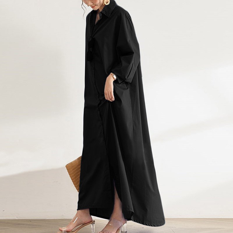 72913# 2022 Autumn New Fashion Women Elegant Lapel Neck Solid Dress Ladies Long Sleeve Single Breasted Maxi Long Dress