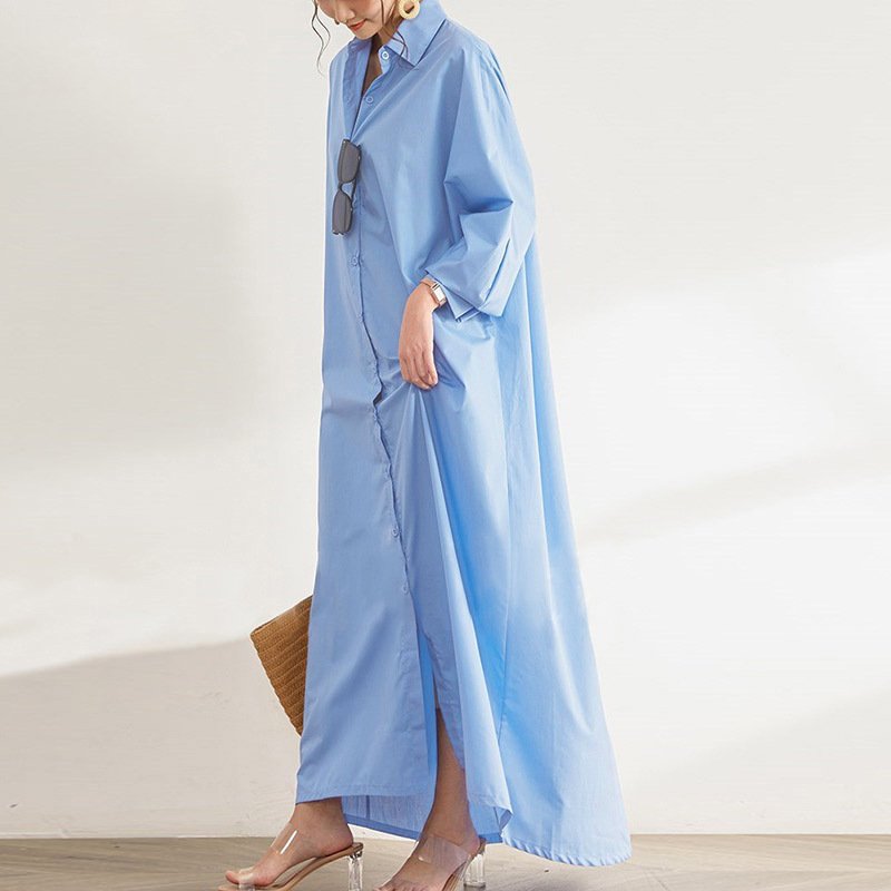 72913# 2022 Autumn New Fashion Women Elegant Lapel Neck Solid Dress Ladies Long Sleeve Single Breasted Maxi Long Dress