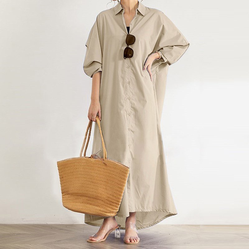72913# 2022 Autumn New Fashion Women Elegant Lapel Neck Solid Dress Ladies Long Sleeve Single Breasted Maxi Long Dress