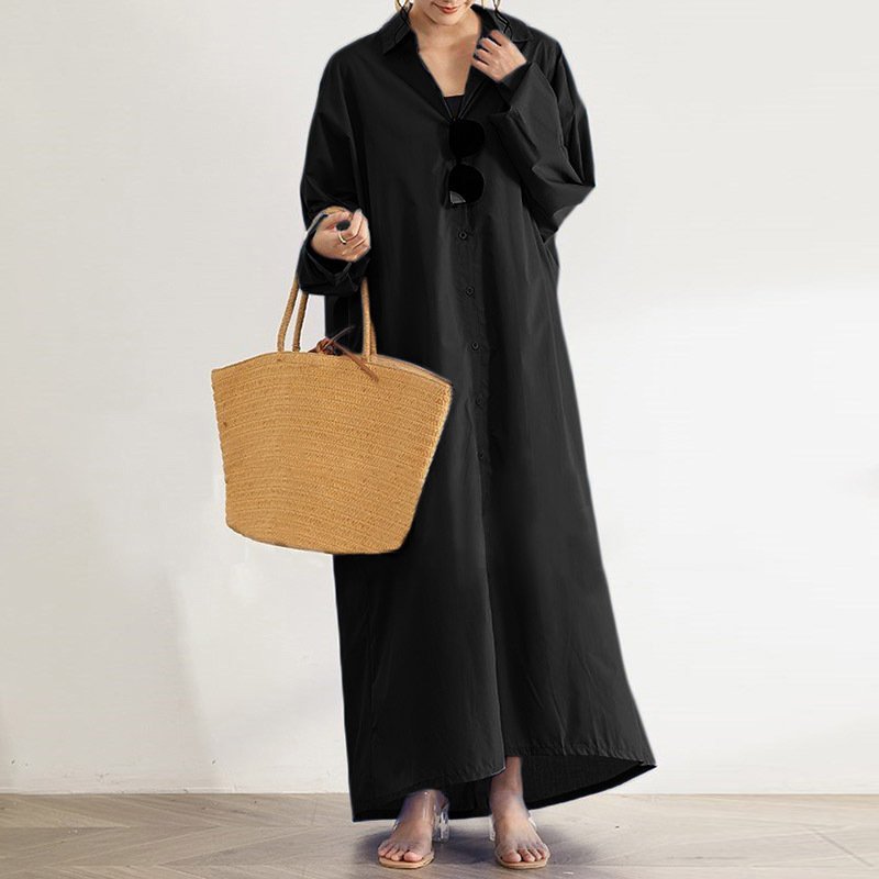 72913# 2022 Autumn New Fashion Women Elegant Lapel Neck Solid Dress Ladies Long Sleeve Single Breasted Maxi Long Dress