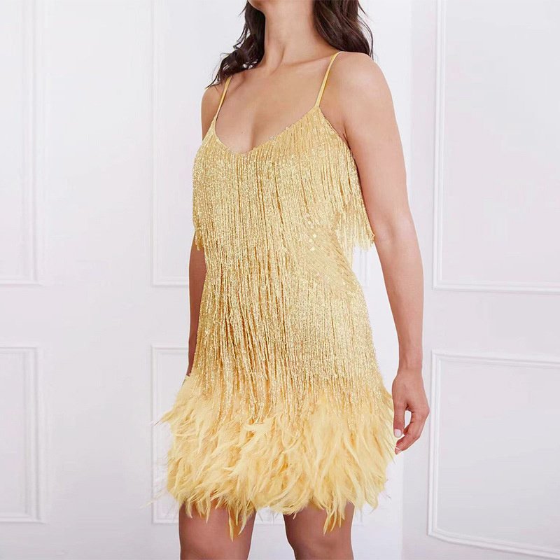 Luxury Clothing Custom Sexy Tassel Sequins Feather Mini Dress Women Fashion Spaghetti Dresses Female Elegant Evening Dresses