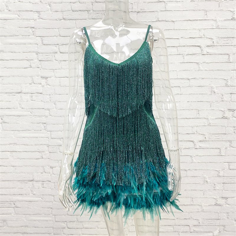 Luxury Clothing Custom Sexy Tassel Sequins Feather Mini Dress Women Fashion Spaghetti Dresses Female Elegant Evening Dresses