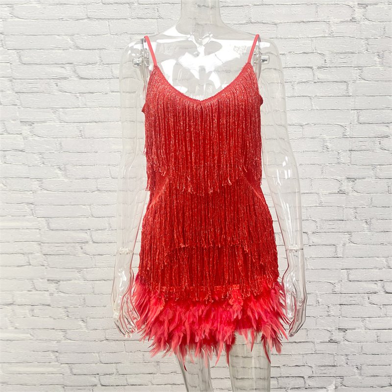 Luxury Clothing Custom Sexy Tassel Sequins Feather Mini Dress Women Fashion Spaghetti Dresses Female Elegant Evening Dresses