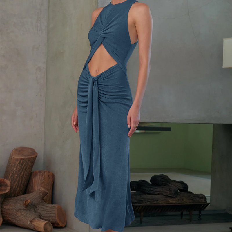 OEM Women's Summer Knitted Cut Out Sexy Midriff-Baring Dress Round Tank Bodycon Side slit Midi Dress