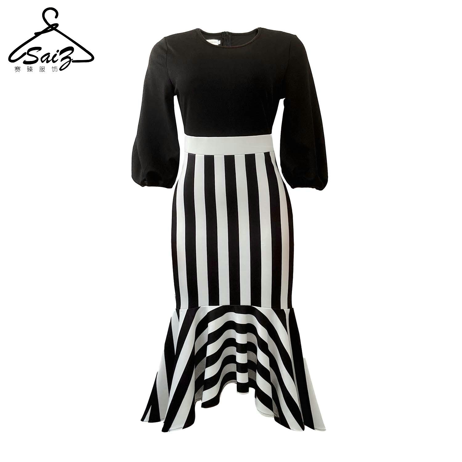 Elegant Women's Clothing Crew Neck Dress Casual Dress Plus Size Women's Plus Stripe Print Short Dress
