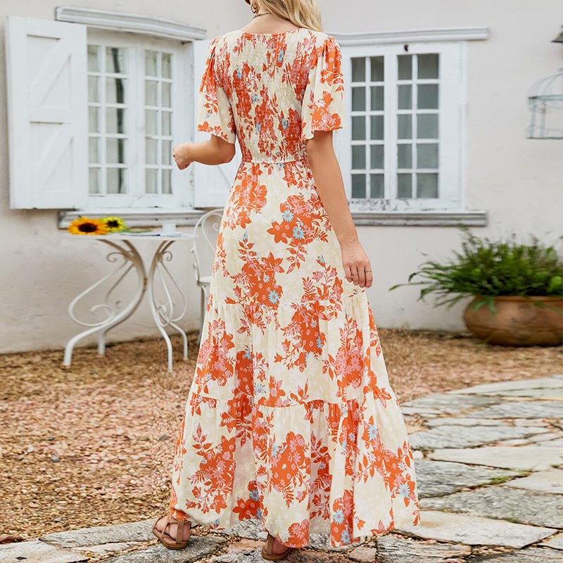 Casual Dresses Women's 2024 Summer Floral Print Short Flutter Sleeve Crew Neck Smocked High Waist Flowy Maxi Dress