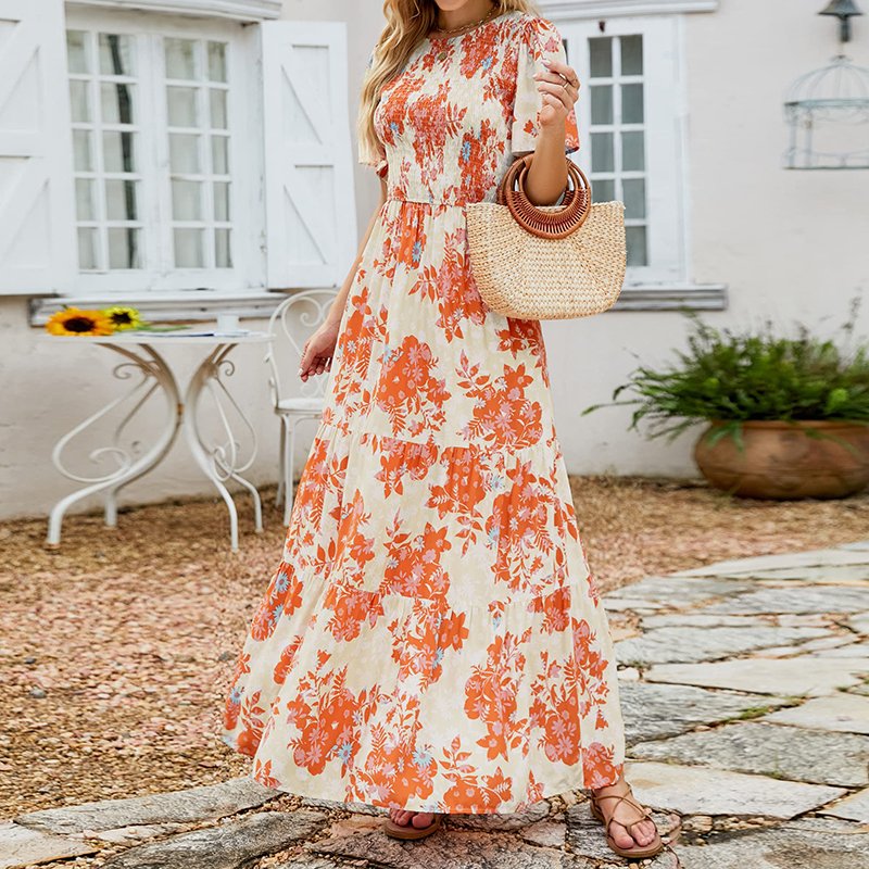 Casual Dresses Women's 2024 Summer Floral Print Short Flutter Sleeve Crew Neck Smocked High Waist Flowy Maxi Dress