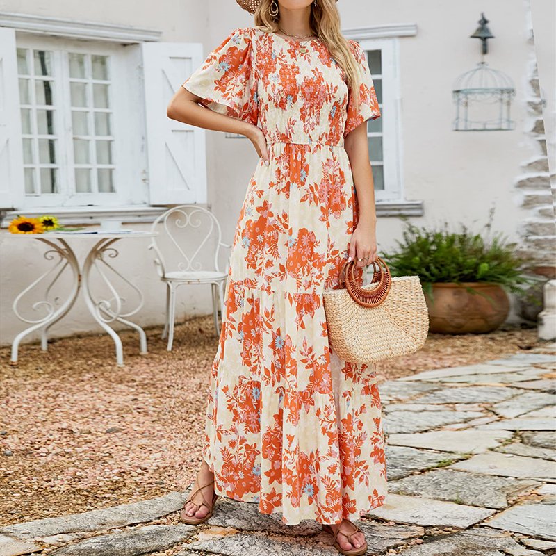 Casual Dresses Women's 2024 Summer Floral Print Short Flutter Sleeve Crew Neck Smocked High Waist Flowy Maxi Dress