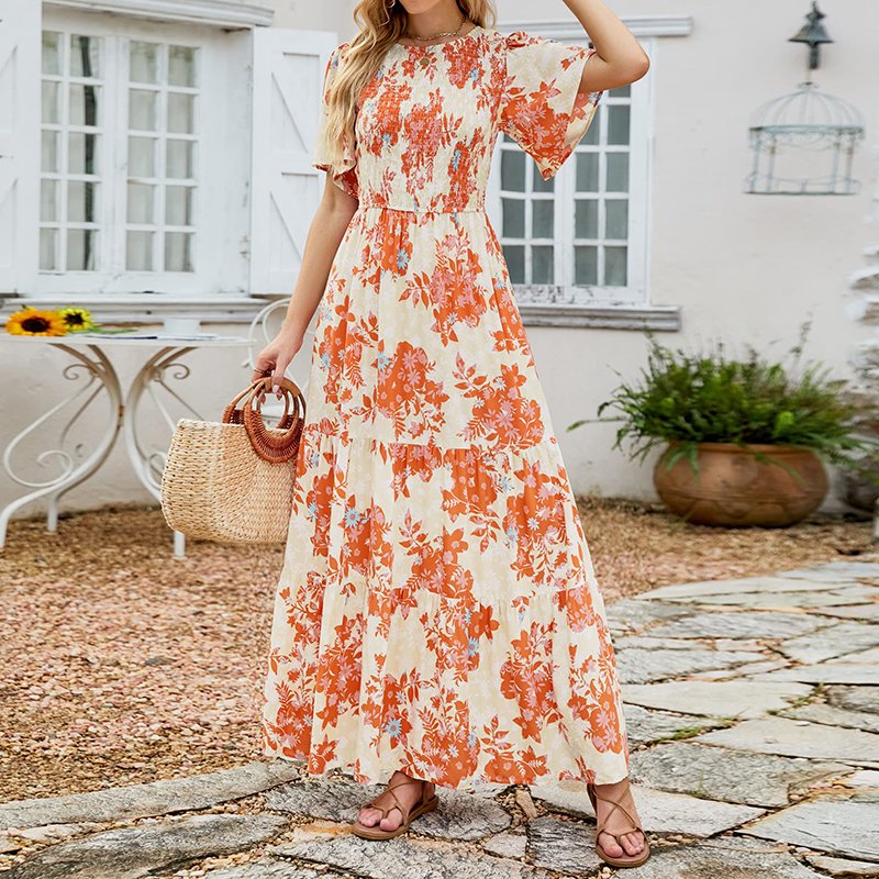 Casual Dresses Women's 2024 Summer Floral Print Short Flutter Sleeve Crew Neck Smocked High Waist Flowy Maxi Dress