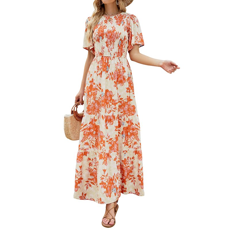 Casual Dresses Women's 2024 Summer Floral Print Short Flutter Sleeve Crew Neck Smocked High Waist Flowy Maxi Dress