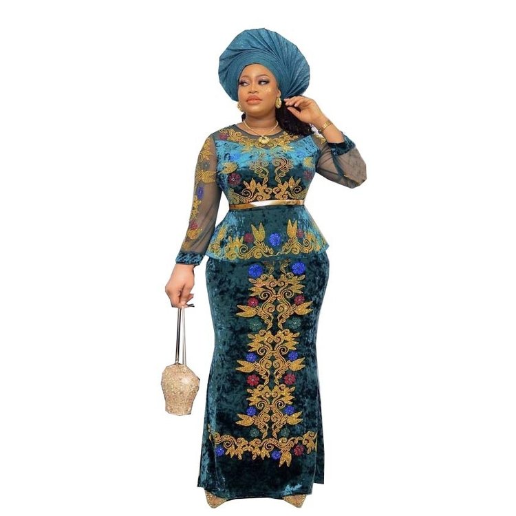 Plus size Afirca Muslim winter women golden velvet mesh sleeve solid diamond beaded 2 piece skirt elegant dress with belt