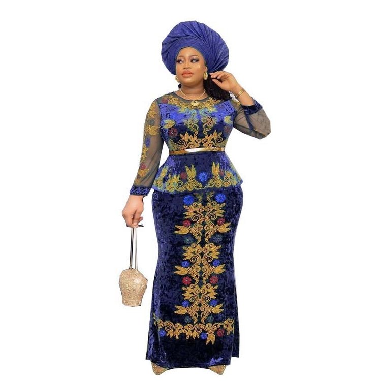 Plus size Afirca Muslim winter women golden velvet mesh sleeve solid diamond beaded 2 piece skirt elegant dress with belt