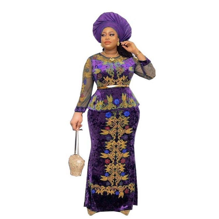 Plus size Afirca Muslim winter women golden velvet mesh sleeve solid diamond beaded 2 piece skirt elegant dress with belt