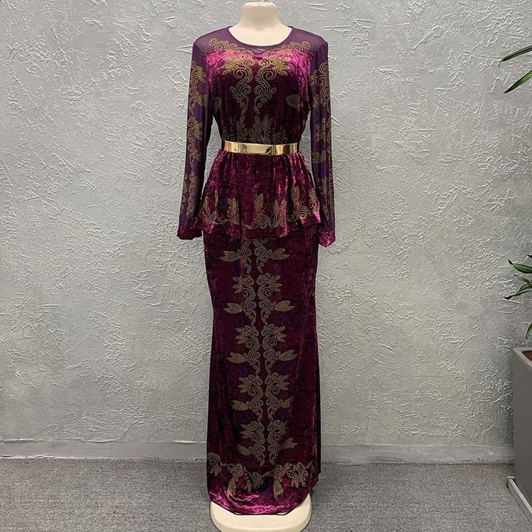 Plus size Afirca Muslim winter women golden velvet mesh sleeve solid diamond beaded 2 piece skirt elegant dress with belt