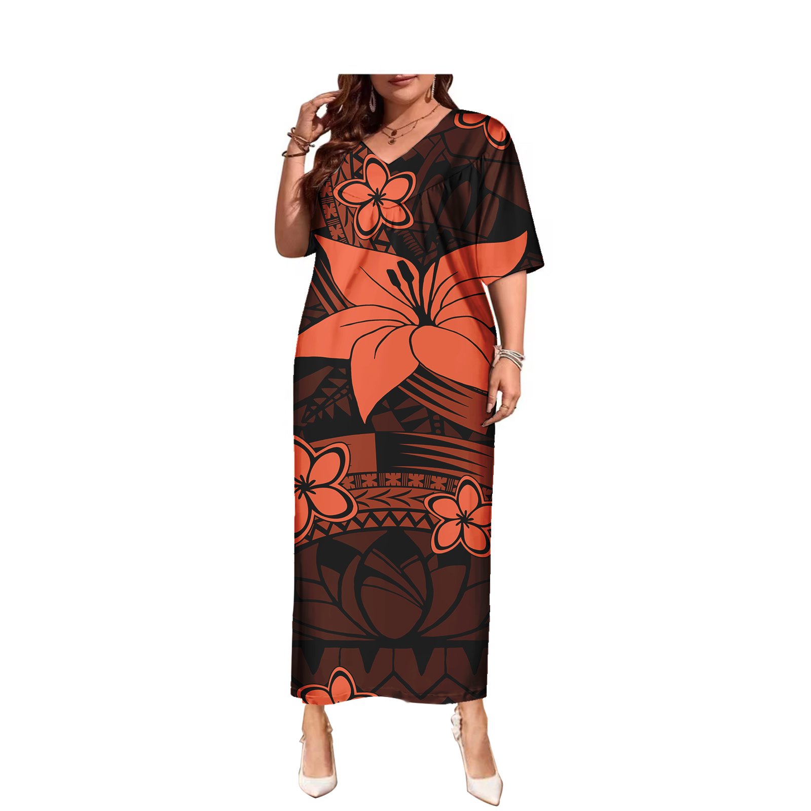 Floral Printed V-neck Hawaiian Long Dresses Oversized Beach Fashion Tribal Polynesian Clothing Samoan Puletasi Women Dress