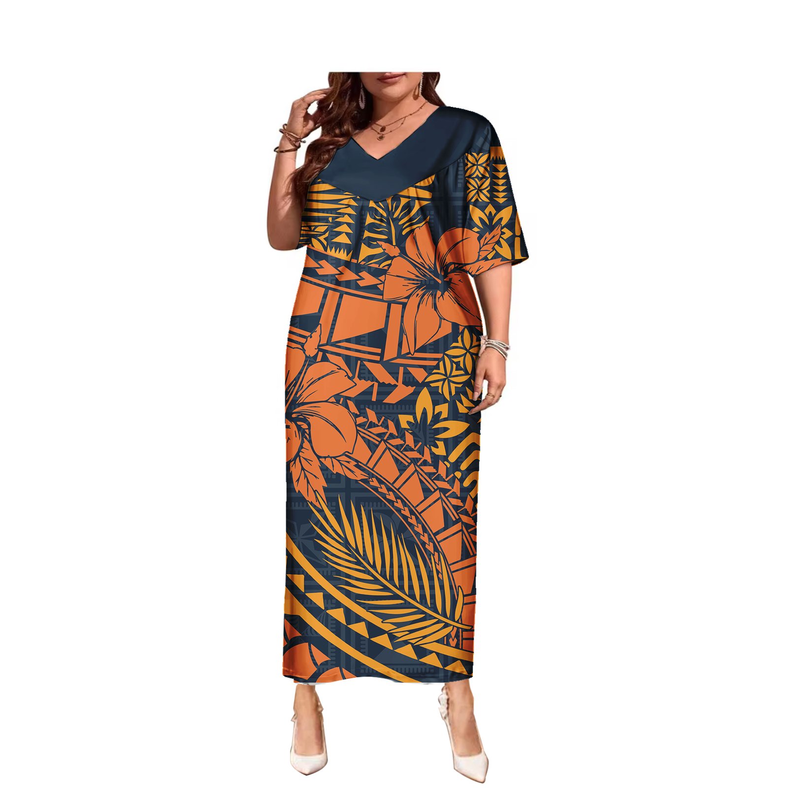 Floral Printed V-neck Hawaiian Long Dresses Oversized Beach Fashion Tribal Polynesian Clothing Samoan Puletasi Women Dress