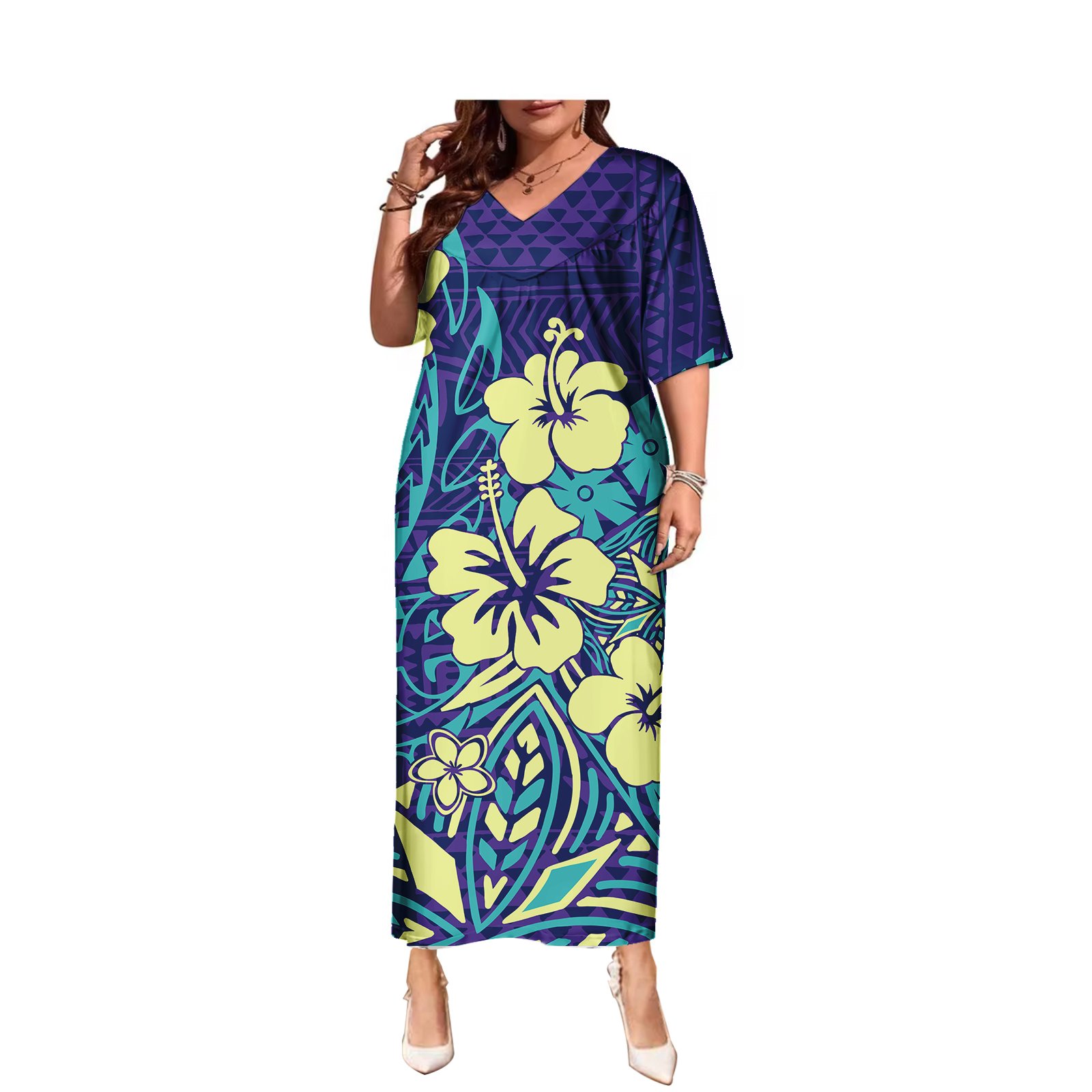 Floral Printed V-neck Hawaiian Long Dresses Oversized Beach Fashion Tribal Polynesian Clothing Samoan Puletasi Women Dress
