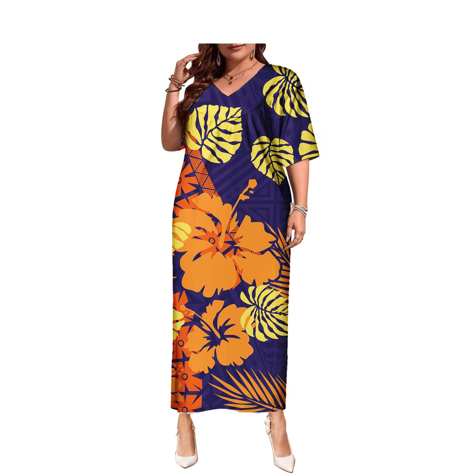 Floral Printed V-neck Hawaiian Long Dresses Oversized Beach Fashion Tribal Polynesian Clothing Samoan Puletasi Women Dress