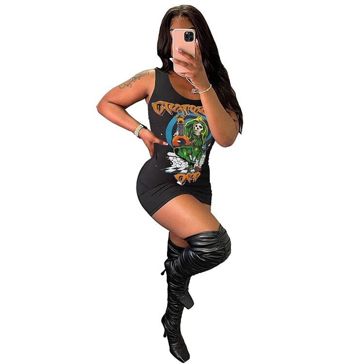 Free sample custom Summer Fashion Sexy bodycon vest skirt T-Shirt print Tank dress Club dress Women's casual dress