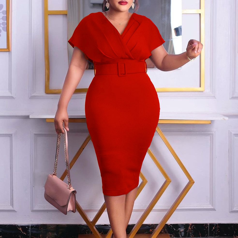 New Fashion Slimming V-neck Temperament Plus Size Women's Casual Dresses With Belt