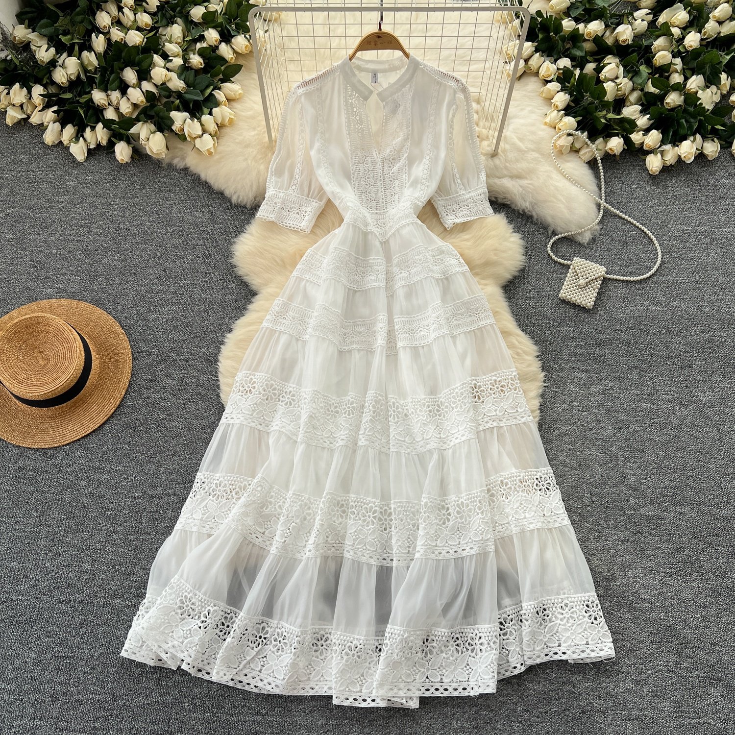 Fashion Lapel Short Sleeve High Waist Patchwork Lace Up Long Dresses For Women