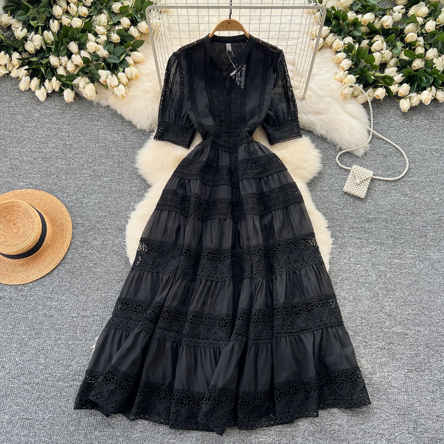Fashion Lapel Short Sleeve High Waist Patchwork Lace Up Long Dresses For Women