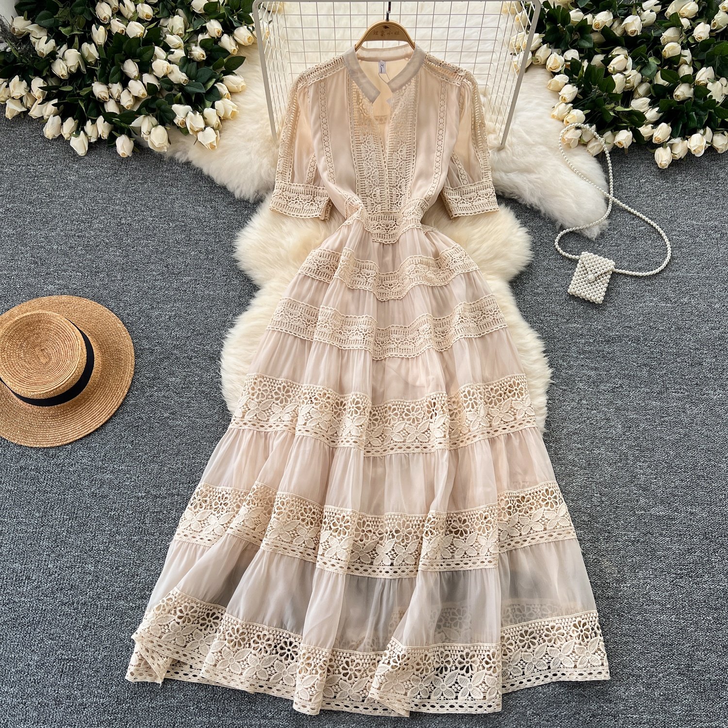 Fashion Lapel Short Sleeve High Waist Patchwork Lace Up Long Dresses For Women