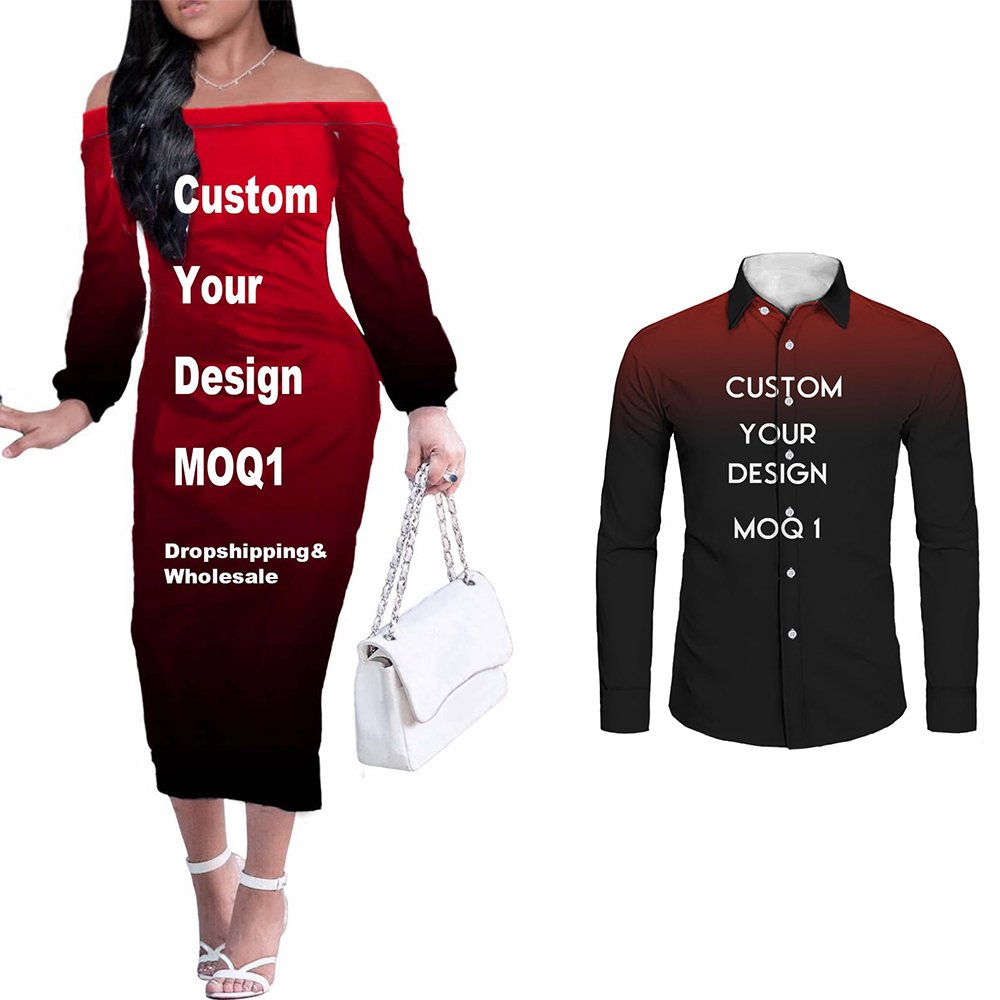 Couple Clothing 2pcs Set Long Sleeve Shirt Match Casual Dresses Women Golden Evening Sexy Bodycon Off Shoulder Midi Club Dress