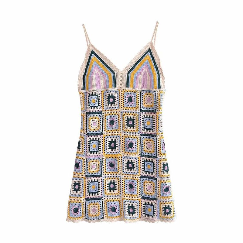 Wholesales Sleeveless Skirt Patchwork Summer Colorful Sexy Women Clothing Hand Knitted Crochet Dress Women