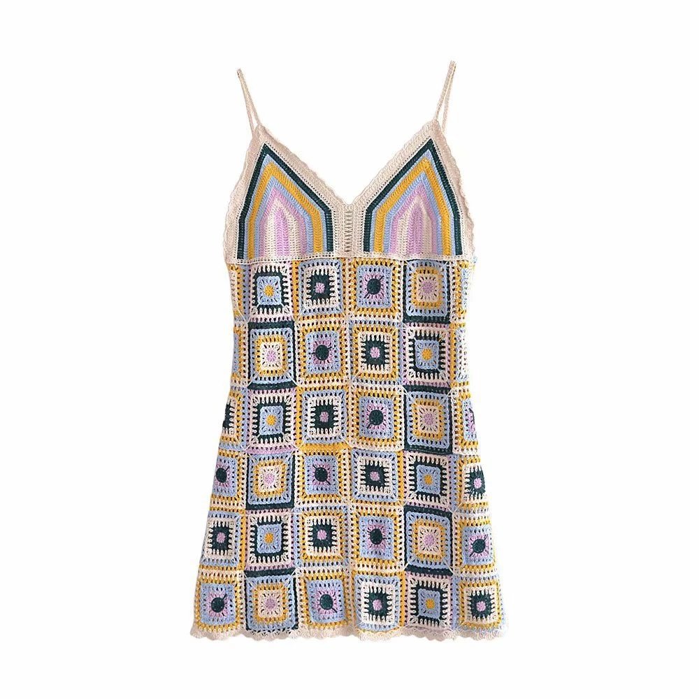 Wholesales Sleeveless Skirt Patchwork Summer Colorful Sexy Women Clothing Hand Knitted Crochet Dress Women