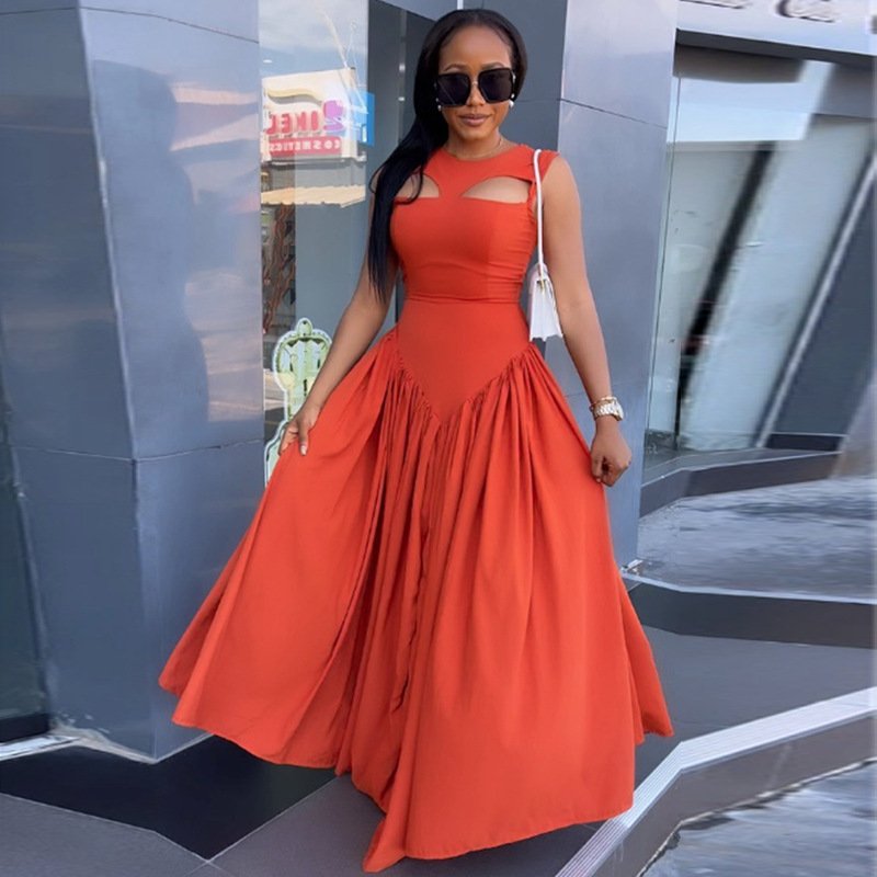 New women's clothing ladies swing skirt dress sweet cute round neck cut out slim long sleeveless casual loose dresses