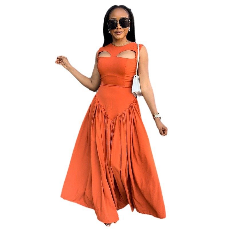 New women's clothing ladies swing skirt dress sweet cute round neck cut out slim long sleeveless casual loose dresses