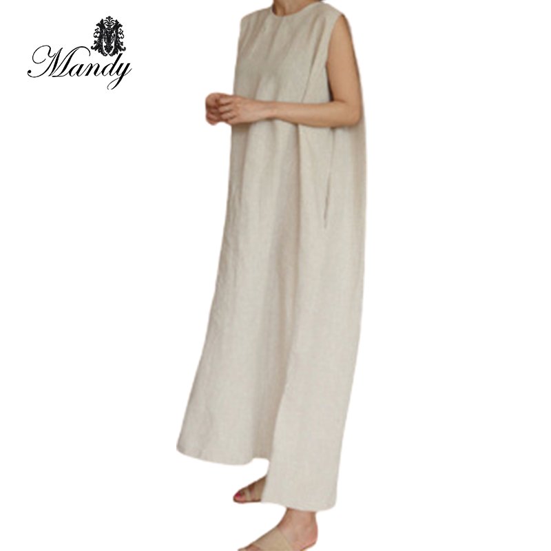 2024 New Summer Linen Dress Women Casual Long Loose Plus Size Sleeveless Round Neck Dresses Clothing Woman Natural Adults